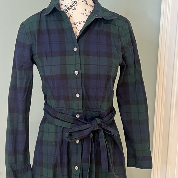 J.Crew long-sleeve tie-waist shirtdress | Green - Navy & Black plaid  | Size 2 | - Picture 9 of 12